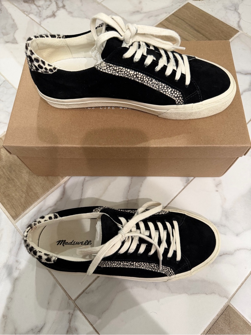 Madewell Black Suede Sneakers with Cream Laces and Leopard Heel